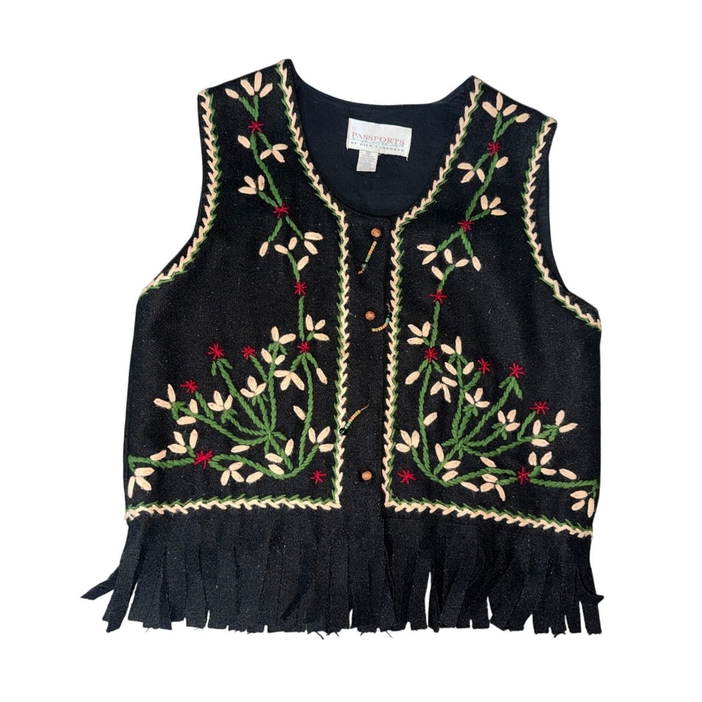 Passports Pier 1 Imports Vintage Embroidered  Fringe‎ Vest  Folk Hippie Boho S